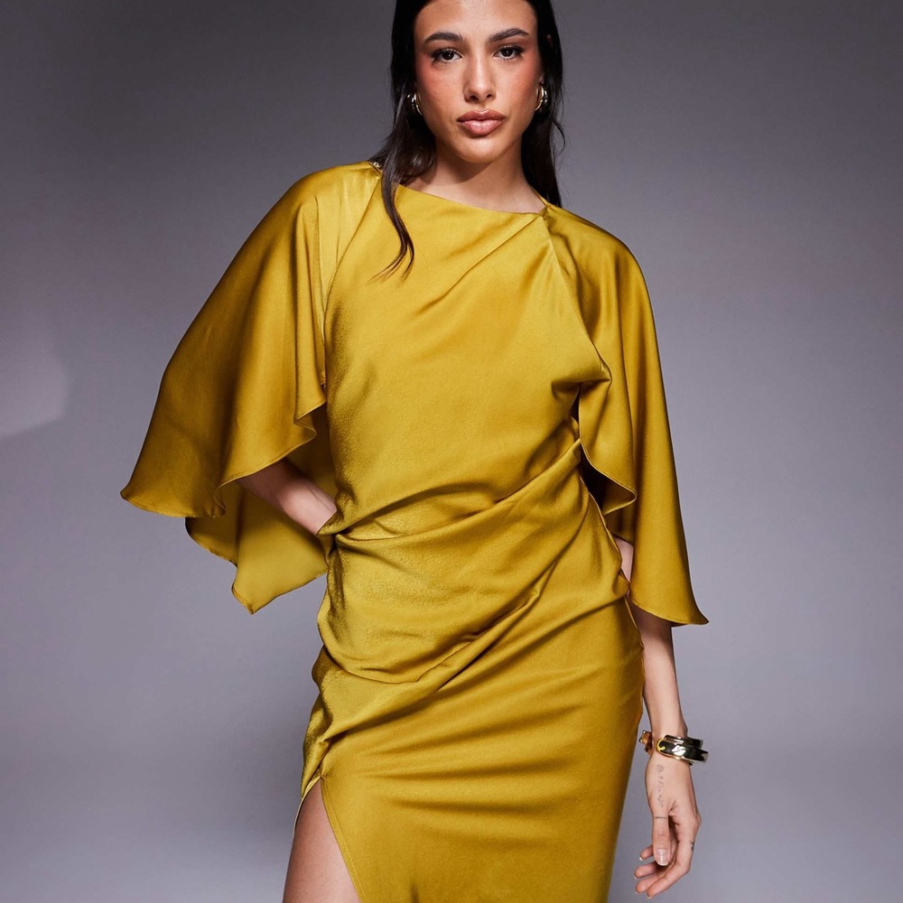 ASOS Design Mustard Satin Midi Dress with Draped Cape Sleeves